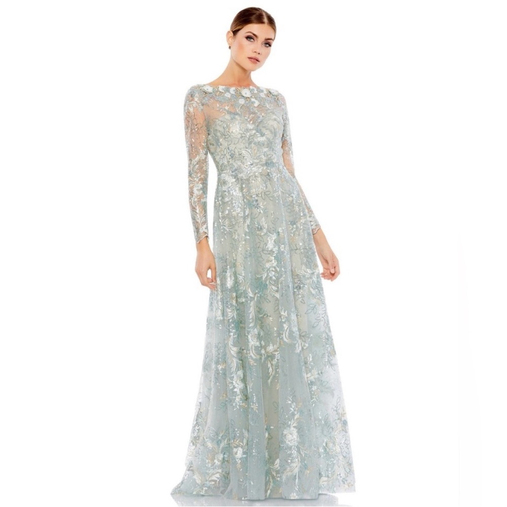 New Mac Duggal Floral Embroidered Illusion Long Sleeve Gown Mist Style #A67498